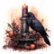 Mysterious Watercolor Gothic Raven with Candles on White Background AI Generated
