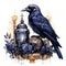 Mysterious Watercolor Gothic Raven with Skull and Gothic Items AI Generated