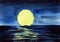 Mysterious watercolor landscape of starless night sky with huge full moon hanging over deep dark sea. Calm water surface reflects