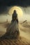 Mysterious woman standing in desert landscape in full moon