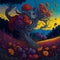 A mysterious and wondrous painting of a gnarled and twisted meadow. AI-Generated.