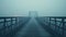 Mysterious wooden bridge stretching into the distance and fading into the mist. Gloomy day with dim lightning. Generative AI