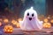 Mystery cute ghost with halloween background. Generative AI