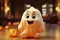 Mystery cute ghost with halloween background. Generative AI