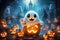 Mystery cute ghost with halloween background. Generative AI