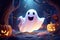 Mystery cute ghost with halloween background. Generative AI