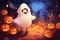 Mystery cute ghost with halloween background. Generative AI