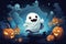 Mystery cute ghost with halloween background. Generative AI