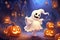 Mystery cute ghost with halloween background. Generative AI