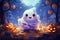 Mystery cute ghost with halloween background. Generative AI