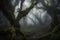 Mystery Grove hidden forest filled with ancient trees cloaked in a thick mist, surrounded by an eerie stillness that belies