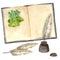 Mystery open book with a drawn Cladonia lichen, next to the book feather and inkwell. Watercolor hand drawn illustration