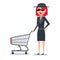 Mystery shopper woman in spy coat with shopping cart