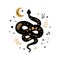 Mystic animal, moon floral serpent, celestial snake, mystical moon, stars isolated. Black gold colors