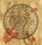 Mystic background with magic seal, pentacle and dragon holding coin on old paper texture