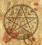 Mystic background with magic seal and pentagram on old paper texture manuscript