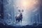 Mystic Christmas reindeer in wonderful winter forest. Stag among snowy trees on magical Christmas night