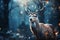 Mystic Christmas reindeer in wonderful winter forest. Stag among snowy trees on magical Christmas night