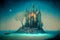Mystic cute cartoon illustration, dark fantasy, fabulous castle on a rock island in the sea