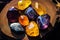 Mystic five small crystals lie on a stone background in the wood, in the style of dark purple and light amber.