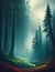 Mystic Foggy Pine Trees Forest, Blue Green Hues, Fantasty World illustration, Digital World art