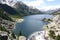 Mystic Lake Dam and Beartooth Mountains.