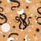Mystic snakes seamless pattern. Print with snake silhouettes and astrology symbols. Magic ornate with stars, moon and