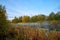 Mystic swamp pond surrounded with fog in autumn morning.