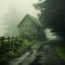 Mystical Abode: Rural House Shrouded in Enchanting Green Fog