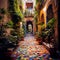 Mystical alleyway adorned with colorful tiles leading to a secret garden