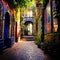 Mystical alleyway adorned with colorful tiles leading to a secret garden