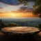 Mystical ambiance Empty table against misty sunset landscape for montage