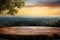 Mystical ambiance Empty table against misty sunset landscape for montage