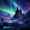 Mystical ancient city, with stone structures and mysterious carvings, under the vibrant and dancing Northern Lights