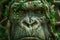 Mystical Ancient Tree Spirit Face Engraved in Stone Surrounded by Vines and Foliage