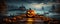 Mystical Autumn Scary Jack O Lantern on Wooden Plank Against Ethereal Seascape