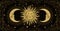 Mystical banner for astrology, tarot, boho design. Universe art, golden crescent and sun on a black background with clouds.