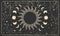 Mystical banner with a lunar eclipse on a black background. Sun with rays and phases of the moon, boho background for