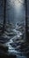 Mystical Beauty: A Detailed Realism Painting Of A Dark River Flowing Through Norwegian Trees