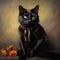 mystical Black cat sits next to an orange jack-o-lantern pumpkin with fire in its eyes on a dark background. Halloween card