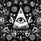 Mystical black and white seamless pattern with occult symbols. All seeing eye