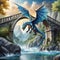 Mystical blue dragon on a bridge near a stream