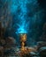 Mystical blue flame emanating from an ornate golden chalice in a dark cave