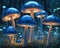 Mystical Blue Mushrooms in Moonlit Forest. Created with Generative AI