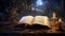 Mystical book on an altar, bathed in moonlight