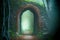 mystical brick way to portal in enchanted foggy forest