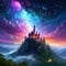 Mystical Castle, Enchantment on the Mountain Peak, castle in the night, castle in the mountains, Generative AI