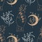 Mystical and Celestial Seamless pattern with eyes, stars, Palm and zodiac elements. Esoteric background Vector.