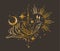 Mystical celestial snail or slug clipart in golden foil texture, magic lunar insect, sun and moon silhouettes in vector