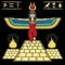 Mystical color drawing: winged goddess Isis at top of the Egyptian pyramid. Ritual fire, a set of hieroglyphs.